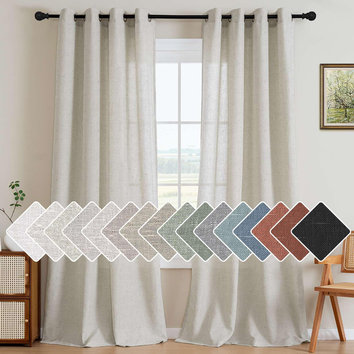 H.VERSAILTEX Natural Linen Grommet Curtains 84 Inch Length for Living Room 2 Panel Drape Semi Sheer Neutral Country Rustic Farmhouse Boho Curtain Bedroom Muslin Look Light Filtering, Heathered Natural
