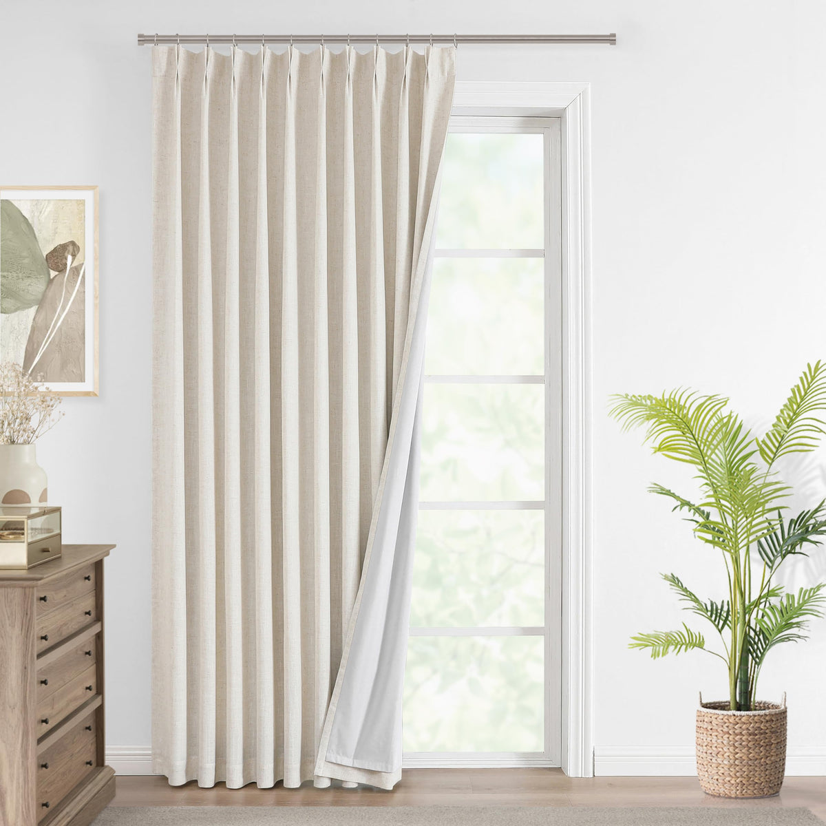 Vision Home Natural Pinch Pleated Full Blackout Curtains Linen Blended Room Darkening Window Curtains 95 inch for Living Room Bedroom Thermal Insulated Pinch Pleat Drapes with Hooks 2 Panel 40"Wx95"L