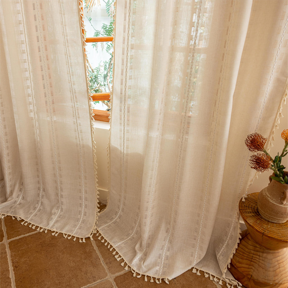 Boho Sheer Sage Green Curtains 84 inches Long 2 Panels for Living Room Bedroom,Farmhouse, Bohemian Tassels Country Light Filtering Xmas Curtains Shabby Chic Embroidery Striped Draps Back Tab, 50" W