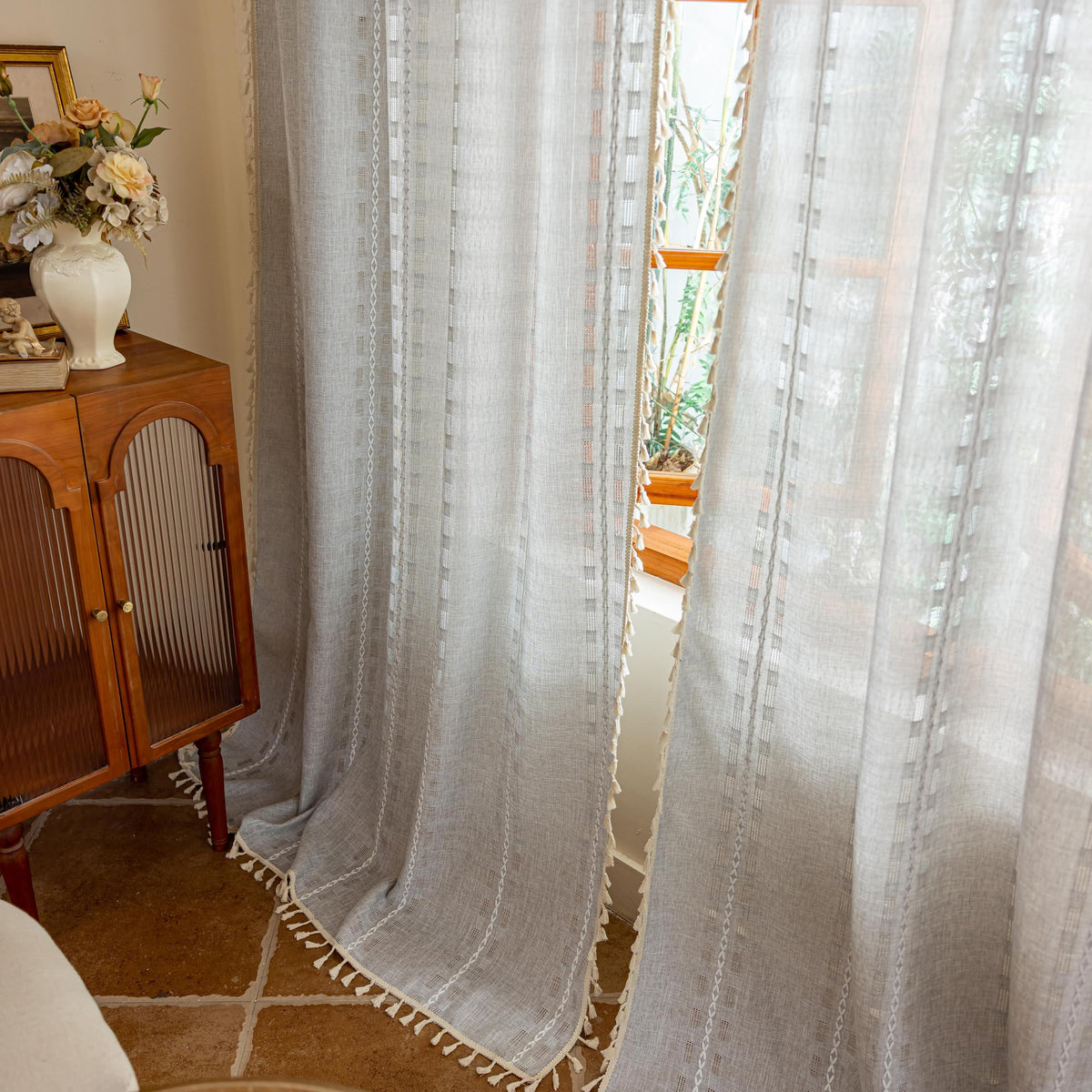 Boho Sheer Sage Green Curtains 84 inches Long 2 Panels for Living Room Bedroom,Farmhouse, Bohemian Tassels Country Light Filtering Xmas Curtains Shabby Chic Embroidery Striped Draps Back Tab, 50" W