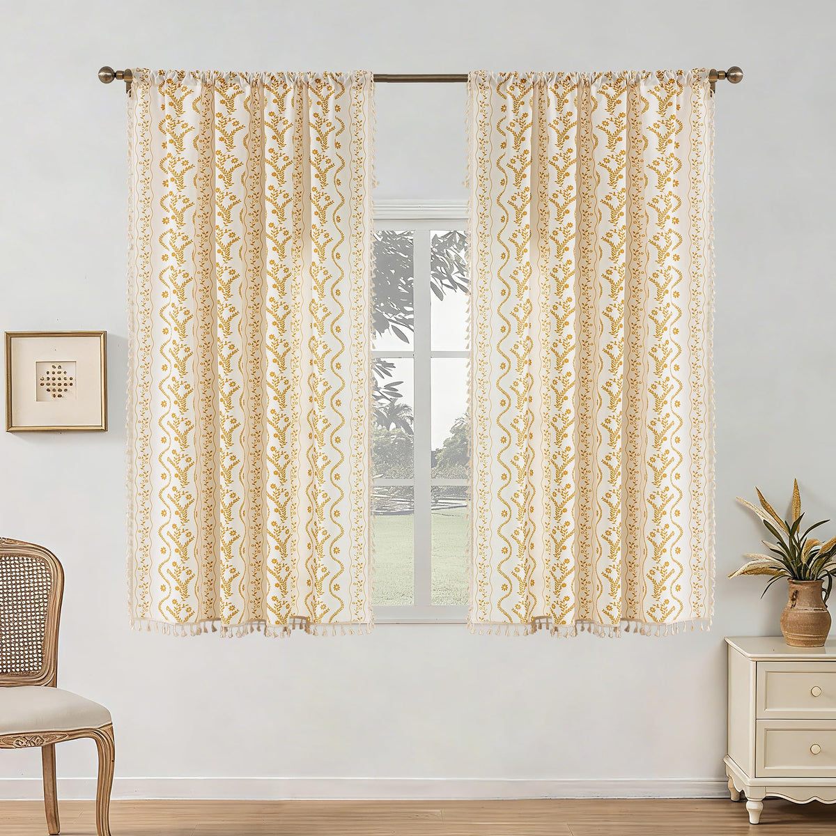 Navy Blue Boho Curtains 72 Inch Long for Living Room, Bedroom, 2 Panels Floral Farmhouse Vintage Tassel Semi Sheer Light Filtering Privacy Window Curtain Drapes with Rod Pocket, Navy Blue