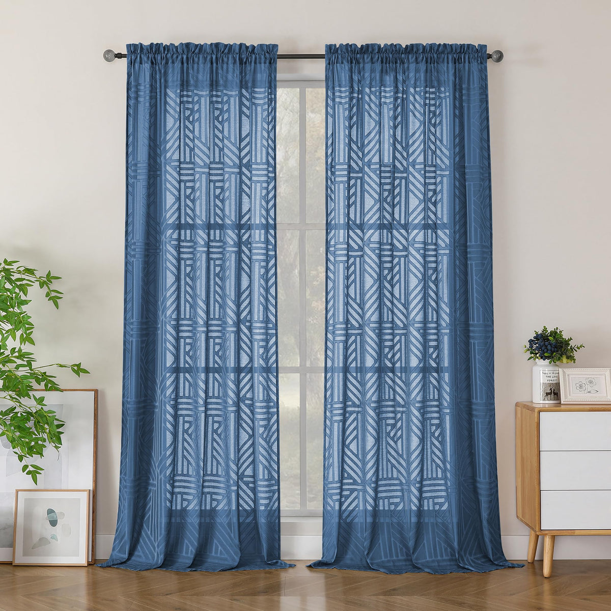 Simplebrand Dusty Blue Semi Sheer Curtains 45 Inch Length 2 Panels, Geometric Jacquard Clip Textured Short Sheer Curtains for Bedroom，Modern Elegant Window Curtains Drapes/Treatment Sheer，42x45 inch