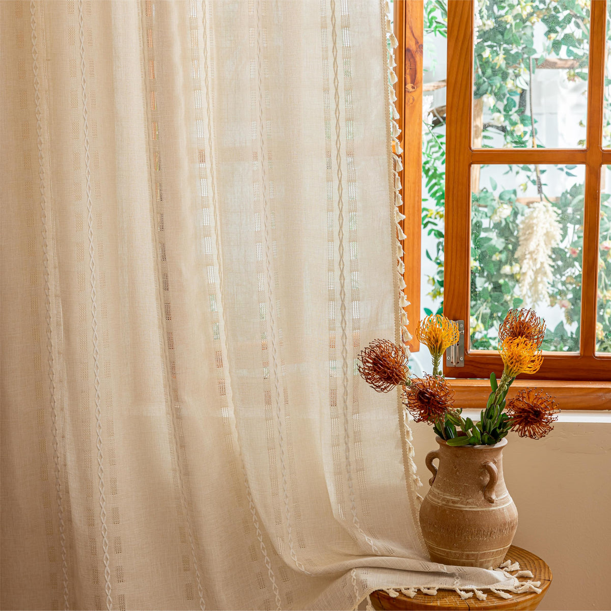 Boho Sheer Sage Green Curtains 84 inches Long 2 Panels for Living Room Bedroom,Farmhouse, Bohemian Tassels Country Light Filtering Xmas Curtains Shabby Chic Embroidery Striped Draps Back Tab, 50" W