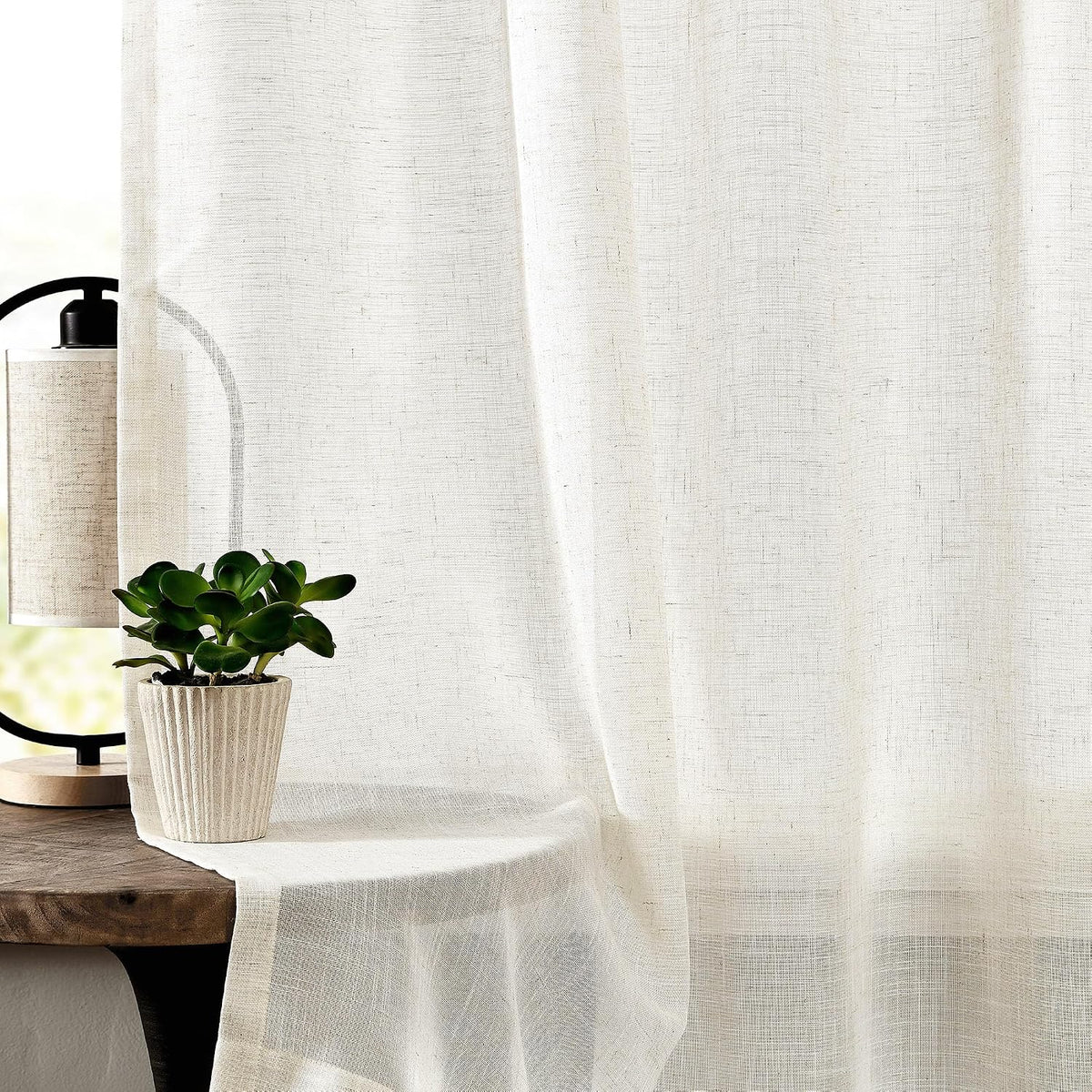 Central Park Tie Top Sheer Curtain Linen Blended, Linen, 50"Wx90"L, 2 Panel