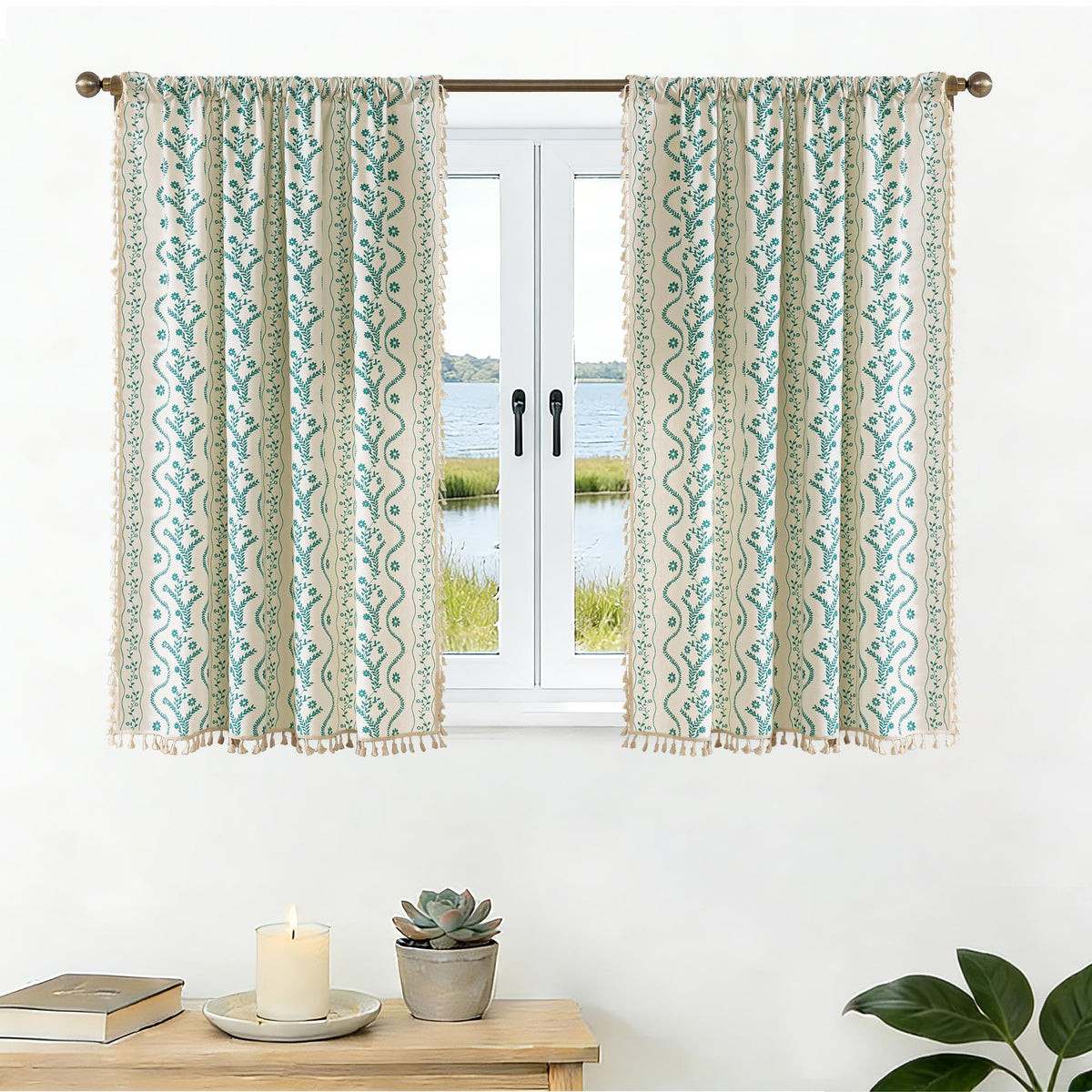 Navy Blue Boho Curtains 72 Inch Long for Living Room, Bedroom, 2 Panels Floral Farmhouse Vintage Tassel Semi Sheer Light Filtering Privacy Window Curtain Drapes with Rod Pocket, Navy Blue