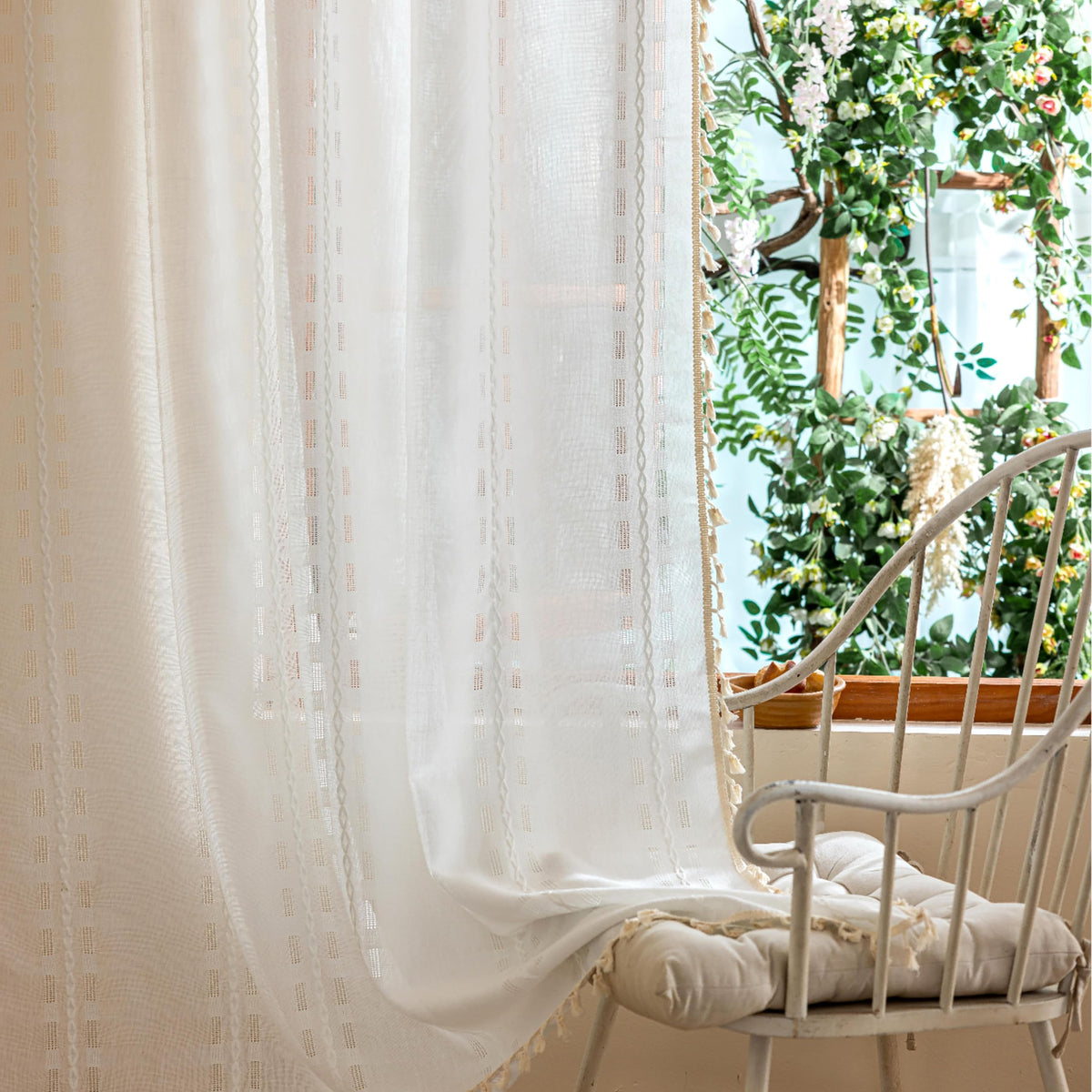 Boho Sheer Sage Green Curtains 84 inches Long 2 Panels for Living Room Bedroom,Farmhouse, Bohemian Tassels Country Light Filtering Xmas Curtains Shabby Chic Embroidery Striped Draps Back Tab, 50" W