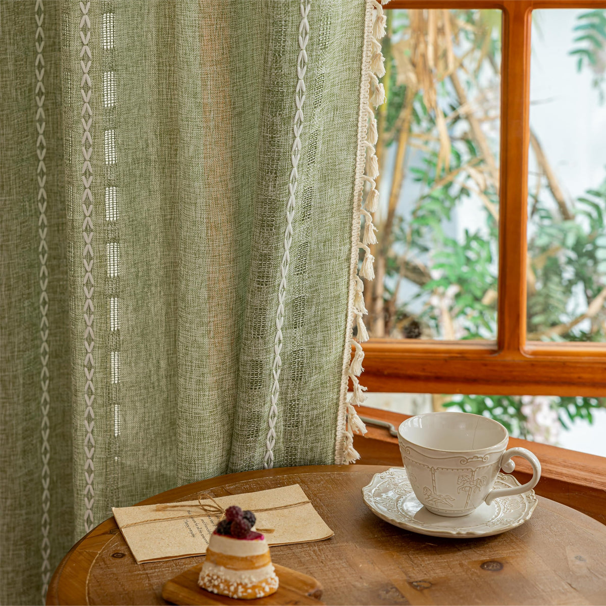 Boho Sheer Sage Green Curtains 84 inches Long 2 Panels for Living Room Bedroom,Farmhouse, Bohemian Tassels Country Light Filtering Xmas Curtains Shabby Chic Embroidery Striped Draps Back Tab, 50" W