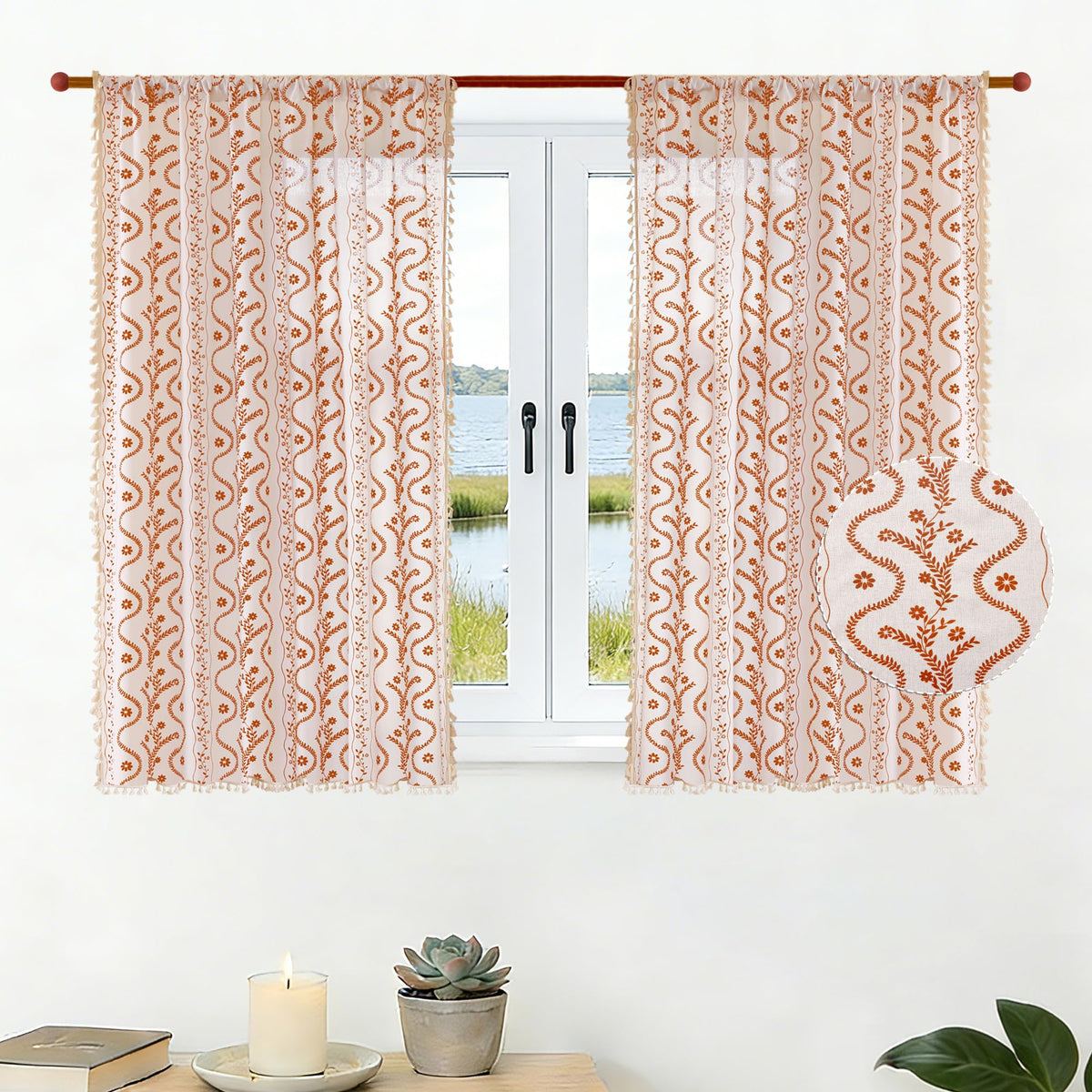 Navy Blue Boho Curtains 72 Inch Long for Living Room, Bedroom, 2 Panels Floral Farmhouse Vintage Tassel Semi Sheer Light Filtering Privacy Window Curtain Drapes with Rod Pocket, Navy Blue