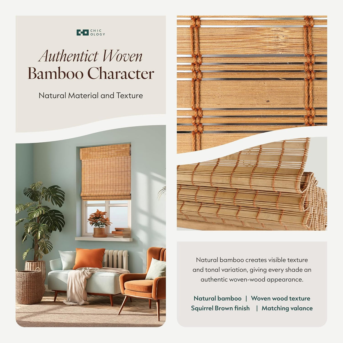 CHICOLOGY Cordless Bamboo Roman Shade, Light Filtering, Squirrel 36"x64"
