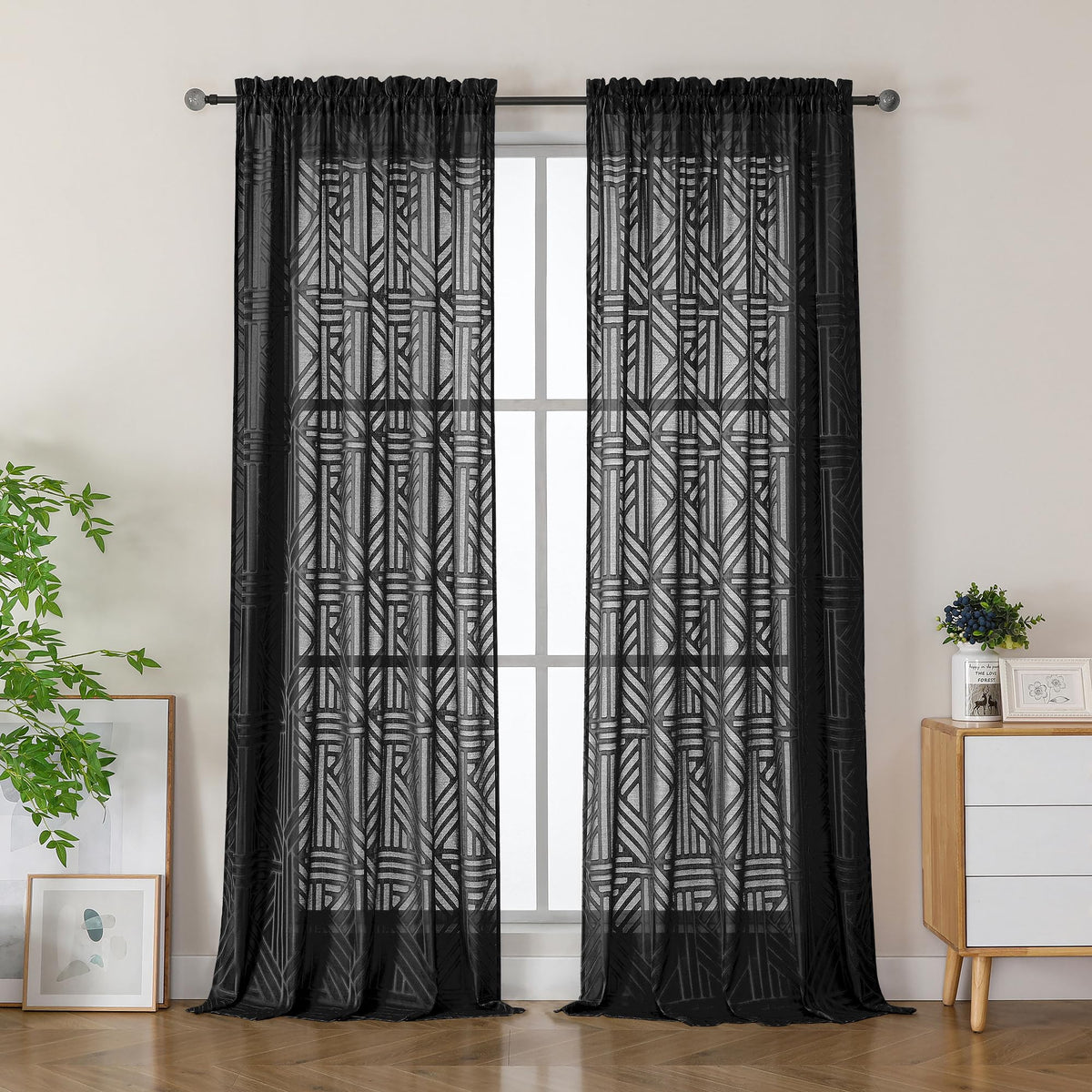 Simplebrand Dusty Blue Semi Sheer Curtains 45 Inch Length 2 Panels, Geometric Jacquard Clip Textured Short Sheer Curtains for Bedroom，Modern Elegant Window Curtains Drapes/Treatment Sheer，42x45 inch