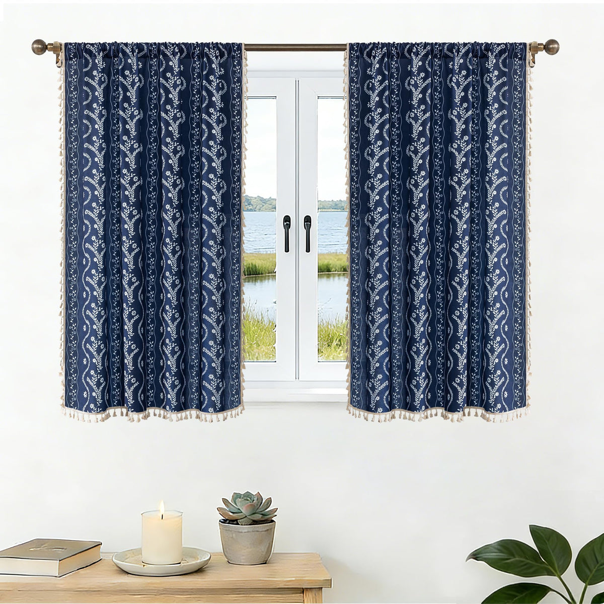 Navy Blue Boho Curtains 72 Inch Long for Living Room, Bedroom, 2 Panels Floral Farmhouse Vintage Tassel Semi Sheer Light Filtering Privacy Window Curtain Drapes with Rod Pocket, Navy Blue