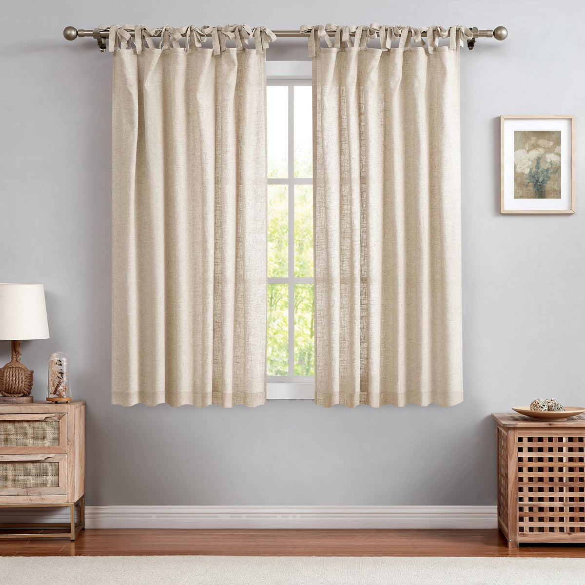 Central Park Tie Top Sheer Curtain Linen Blended, Linen, 50"Wx90"L, 2 Panel