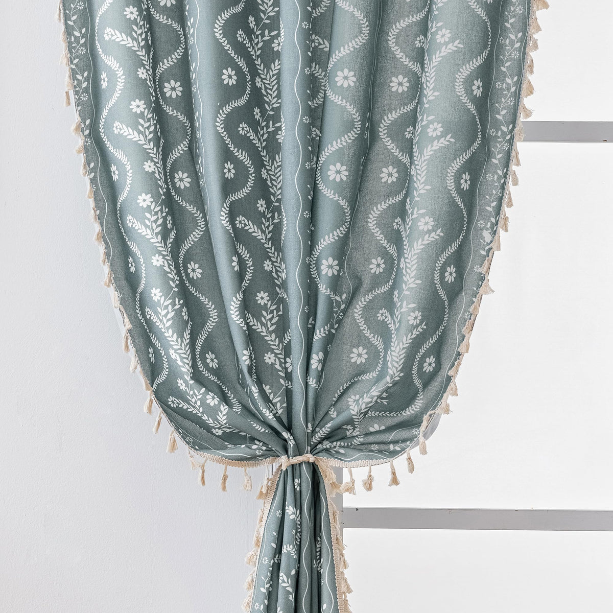 Navy Blue Boho Curtains 72 Inch Long for Living Room, Bedroom, 2 Panels Floral Farmhouse Vintage Tassel Semi Sheer Light Filtering Privacy Window Curtain Drapes with Rod Pocket, Navy Blue