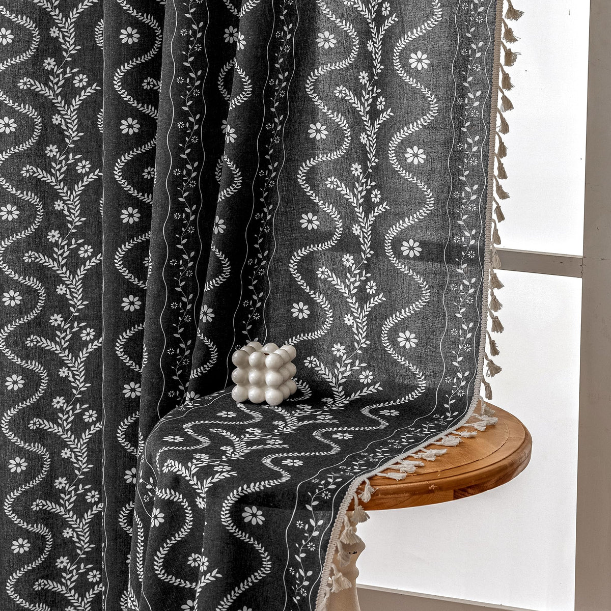 Navy Blue Boho Curtains 72 Inch Long for Living Room, Bedroom, 2 Panels Floral Farmhouse Vintage Tassel Semi Sheer Light Filtering Privacy Window Curtain Drapes with Rod Pocket, Navy Blue
