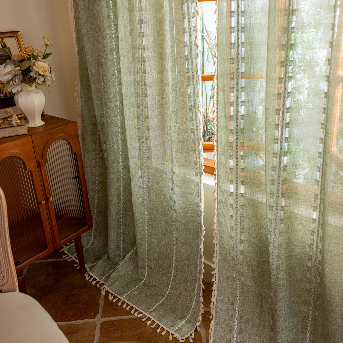 Boho Sheer Sage Green Curtains 84 inches Long 2 Panels for Living Room Bedroom,Farmhouse, Bohemian Tassels Country Light Filtering Xmas Curtains Shabby Chic Embroidery Striped Draps Back Tab, 50" W