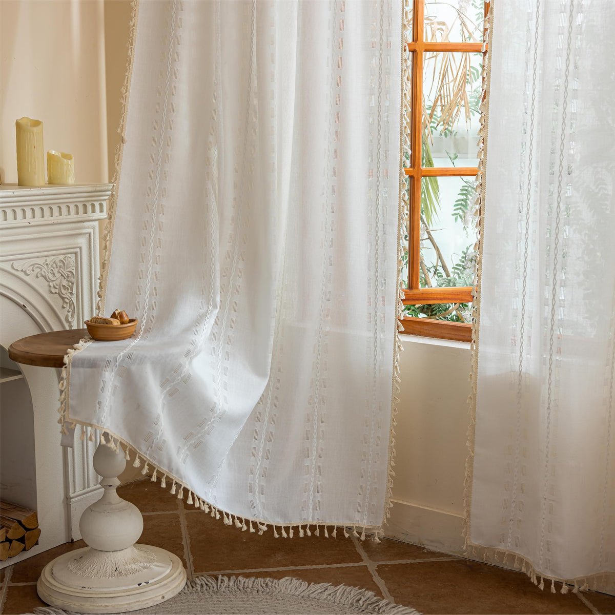 Boho Sheer Sage Green Curtains 84 inches Long 2 Panels for Living Room Bedroom,Farmhouse, Bohemian Tassels Country Light Filtering Xmas Curtains Shabby Chic Embroidery Striped Draps Back Tab, 50" W