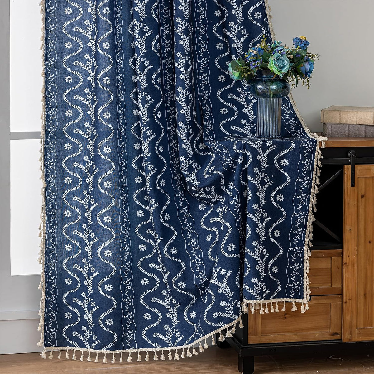 Navy Blue Boho Curtains 72 Inch Long for Living Room, Bedroom, 2 Panels Floral Farmhouse Vintage Tassel Semi Sheer Light Filtering Privacy Window Curtain Drapes with Rod Pocket, Navy Blue