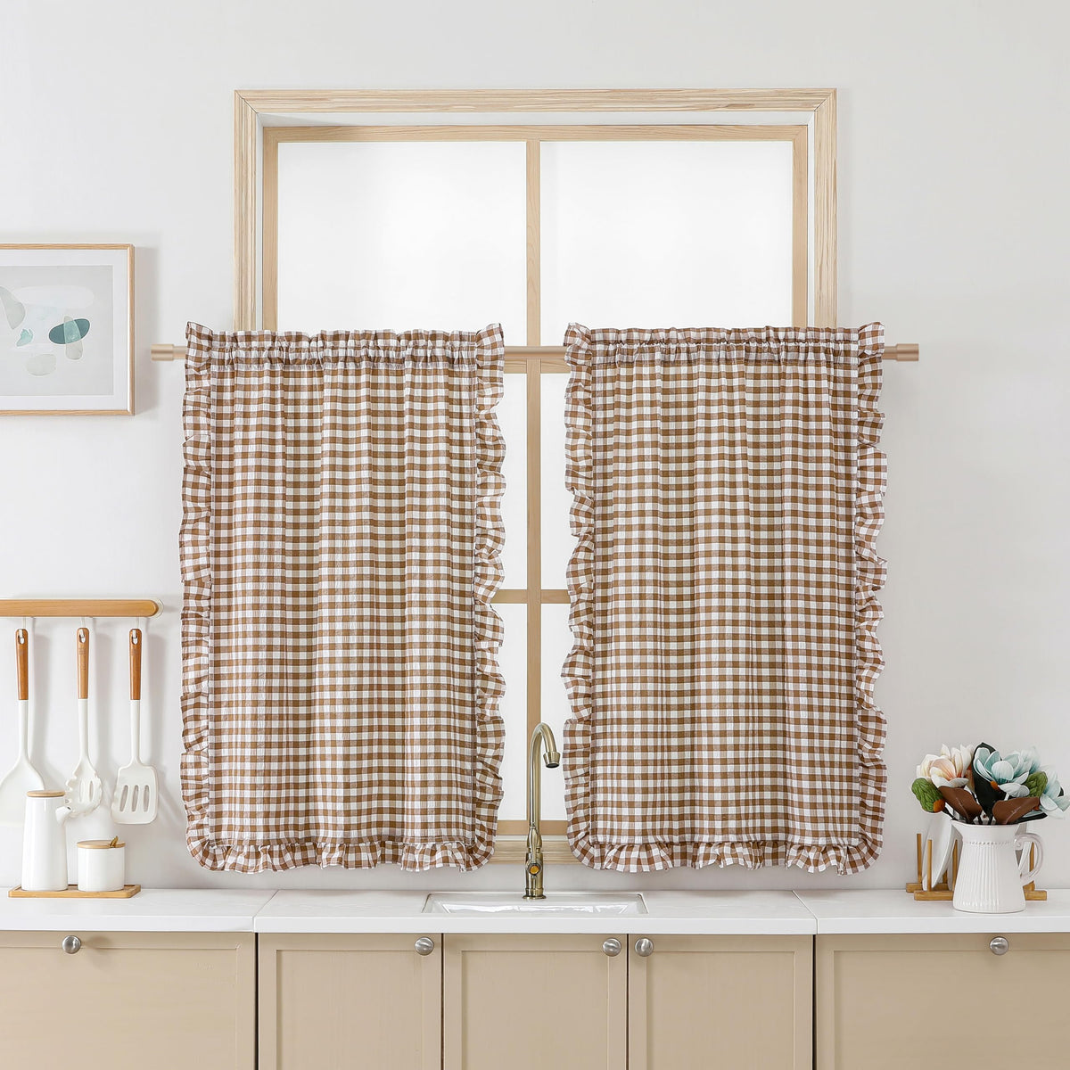 ZJDECOR Brown White Buffalo Plaid Curtains 84 Inches Long for Bedroom