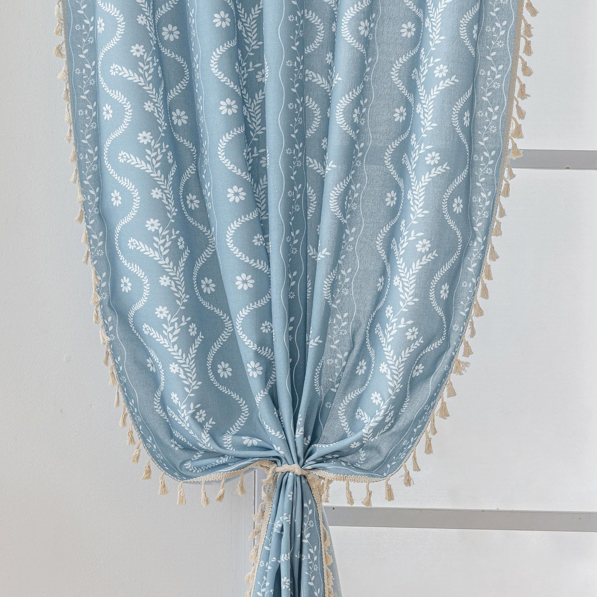 Navy Blue Boho Curtains 72 Inch Long for Living Room, Bedroom, 2 Panels Floral Farmhouse Vintage Tassel Semi Sheer Light Filtering Privacy Window Curtain Drapes with Rod Pocket, Navy Blue