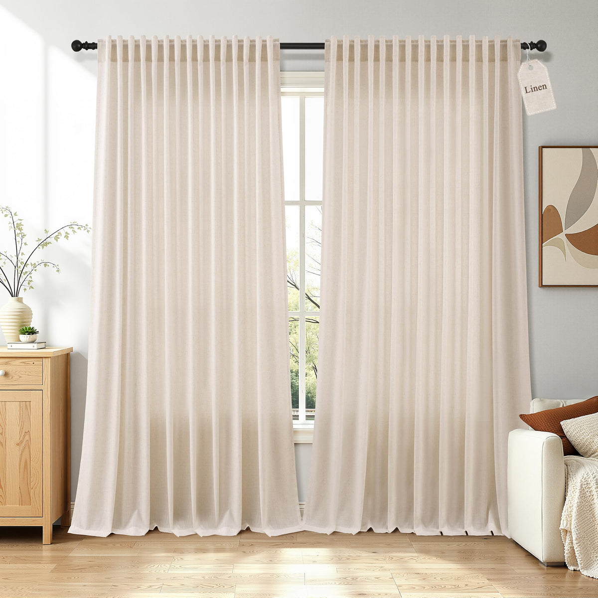 Naturoom Extra Long Linen Curtains 108 Inch 9ft for Living Room Cream Beige