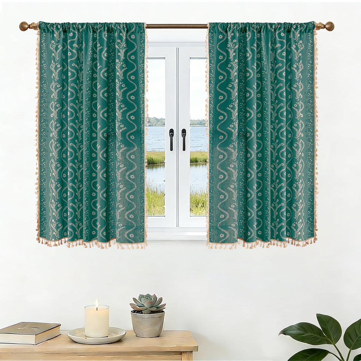 Navy Blue Boho Curtains 72 Inch Long for Living Room, Bedroom, 2 Panels Floral Farmhouse Vintage Tassel Semi Sheer Light Filtering Privacy Window Curtain Drapes with Rod Pocket, Navy Blue