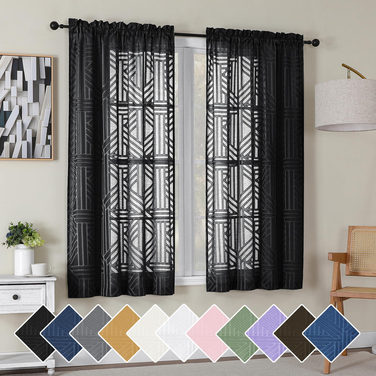 Simplebrand Dusty Blue Semi Sheer Curtains 45 Inch Length 2 Panels, Geometric Jacquard Clip Textured Short Sheer Curtains for Bedroom，Modern Elegant Window Curtains Drapes/Treatment Sheer，42x45 inch