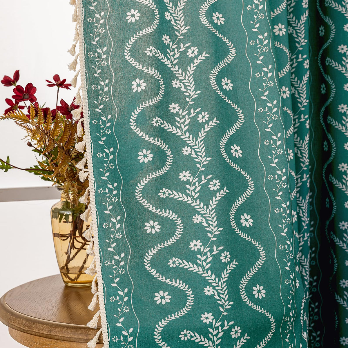 Navy Blue Boho Curtains 72 Inch Long for Living Room, Bedroom, 2 Panels Floral Farmhouse Vintage Tassel Semi Sheer Light Filtering Privacy Window Curtain Drapes with Rod Pocket, Navy Blue