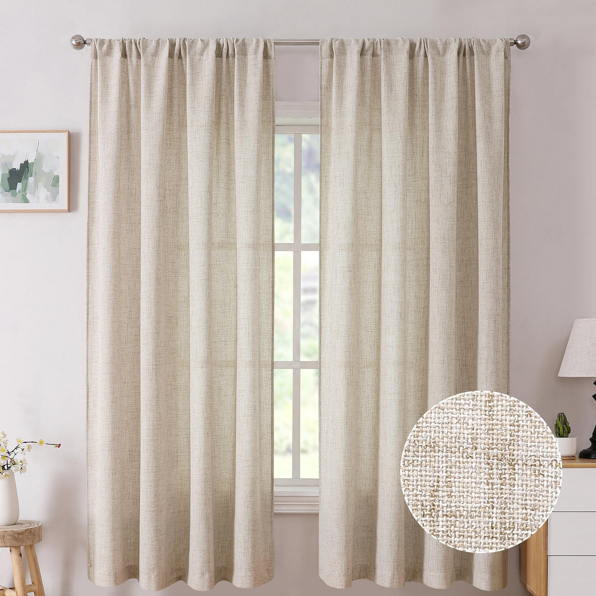 Tollpiz Linen Tier Curtains Rod Pocket Semi Sheer Short Kitchen Curtain Half Burlap Light Filtering Thick Linen Drape for Bathroom, 30 x 30 inches Long, Natural, Set of 2 Panels