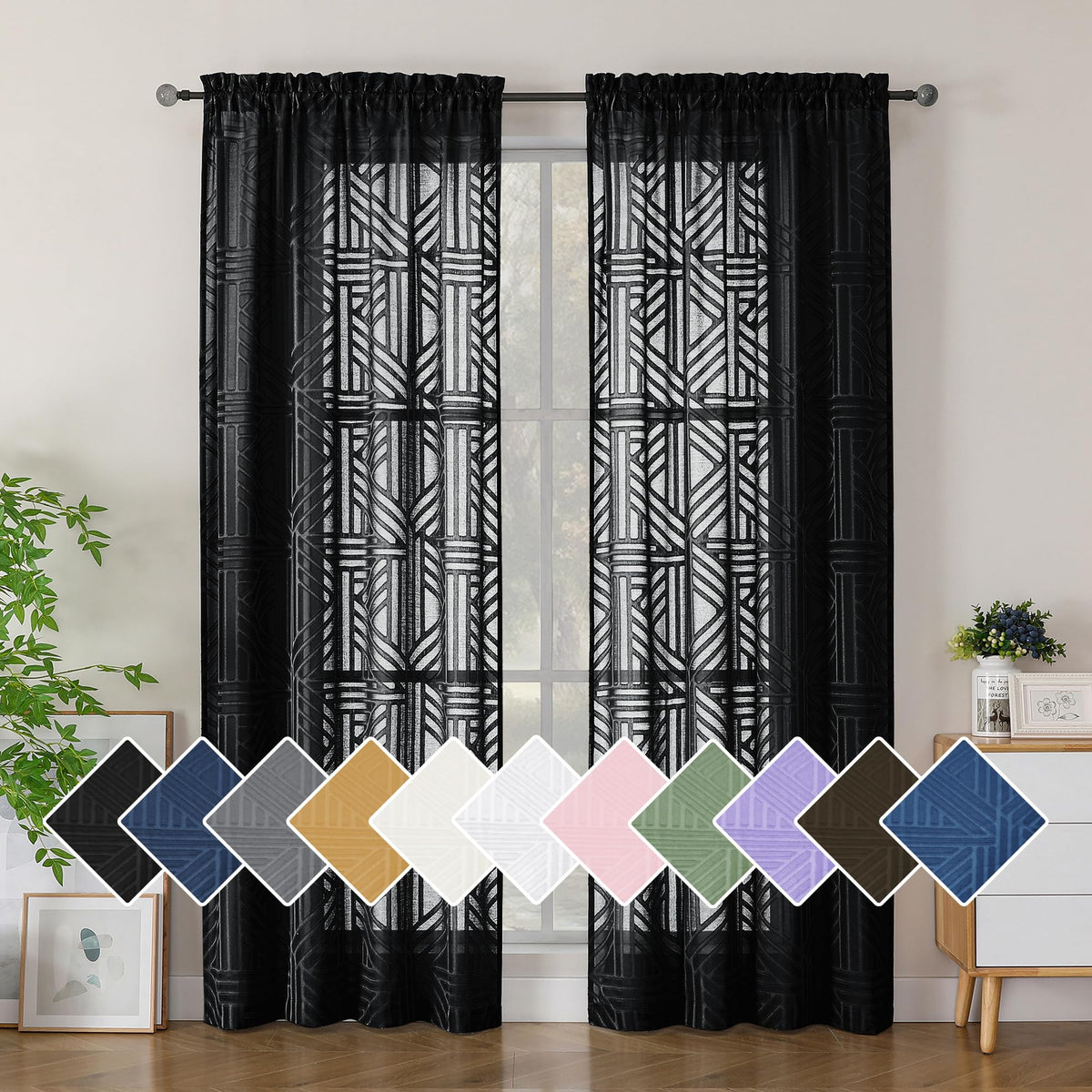Simplebrand Dusty Blue Semi Sheer Curtains 45 Inch Length 2 Panels, Geometric Jacquard Clip Textured Short Sheer Curtains for Bedroom，Modern Elegant Window Curtains Drapes/Treatment Sheer，42x45 inch