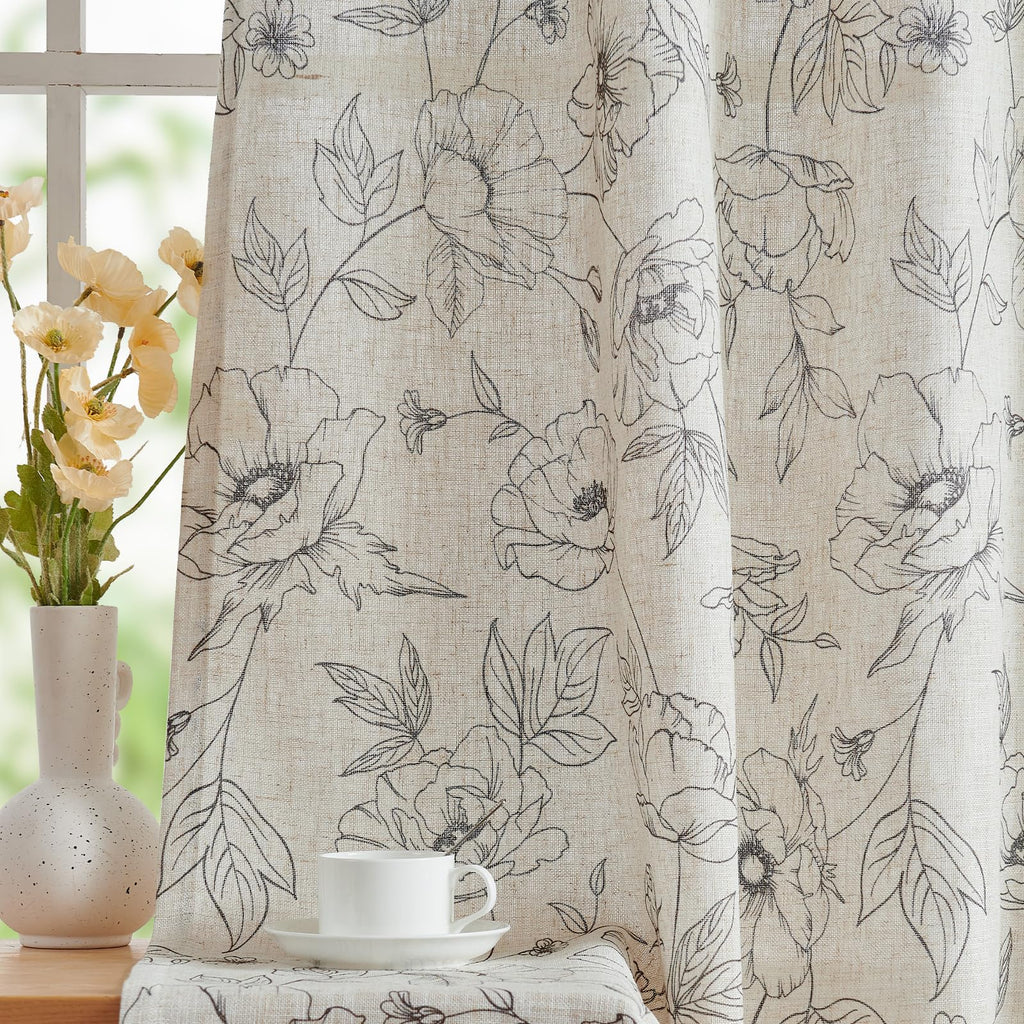 jinchan Taupe Floral Linen Curtains 84 Inch Farmhouse Back Tab 2 Panels