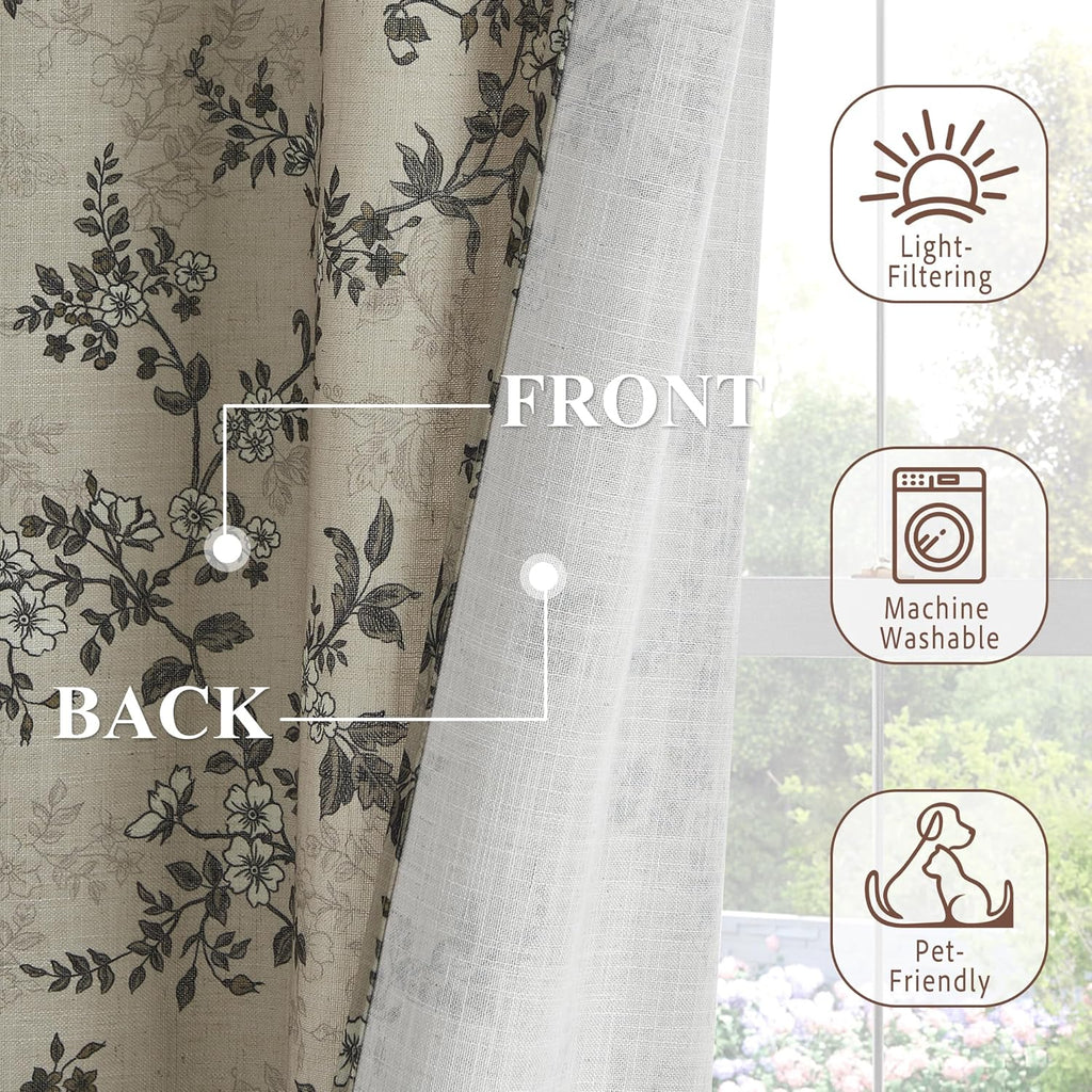 StangH Natural Linen Curtains Vintage Floral Print 108 Inch 2 Panels