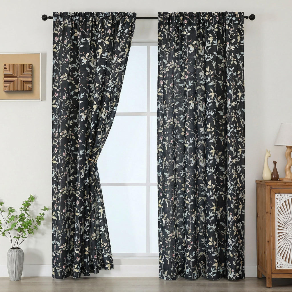 Chyhomenyc Roman Linen Blend Curtains 45 Inch Length 2 Panels, Light Filtering Soft Airy Leaf Floral Printed Rod Pocket Textured Window Treatment Drapes for Living Room Bedroom, 38Wx45L Inch, 2 PCS