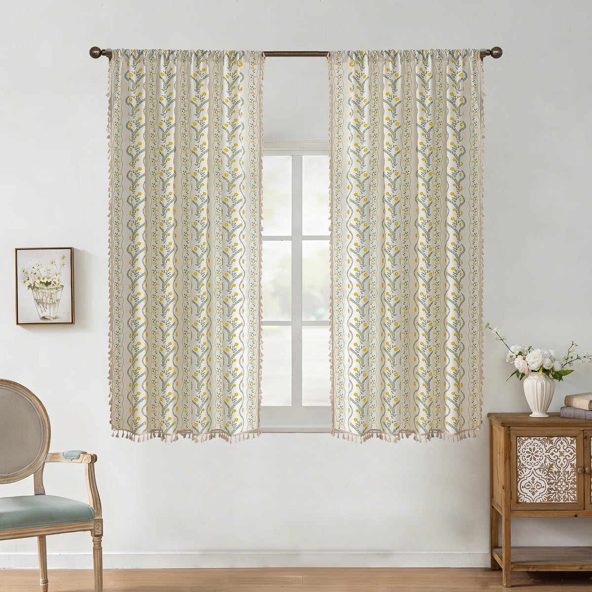 Navy Blue Boho Curtains 72 Inch Long for Living Room, Bedroom, 2 Panels Floral Farmhouse Vintage Tassel Semi Sheer Light Filtering Privacy Window Curtain Drapes with Rod Pocket, Navy Blue