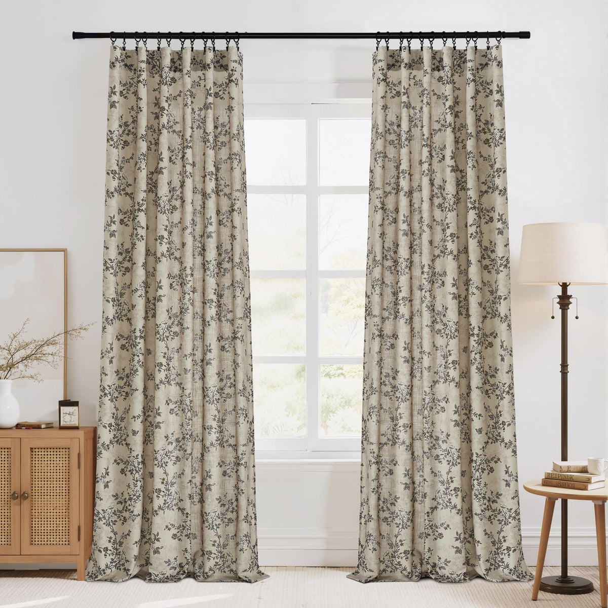 StangH Natural Linen Curtains Vintage Floral Print 108 Inch 2 Panels