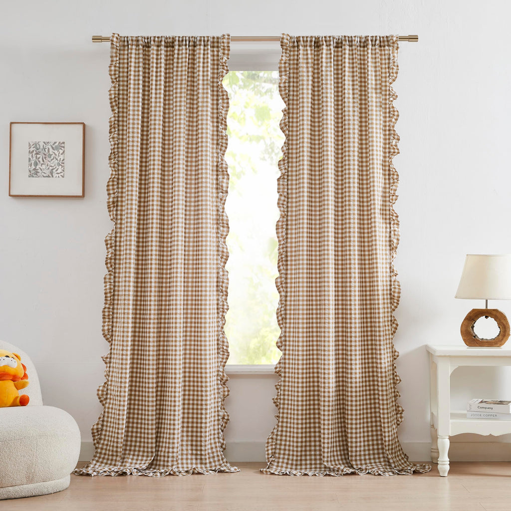 ZJDECOR Brown White Buffalo Plaid Curtains 84 Inches Long for Bedroom