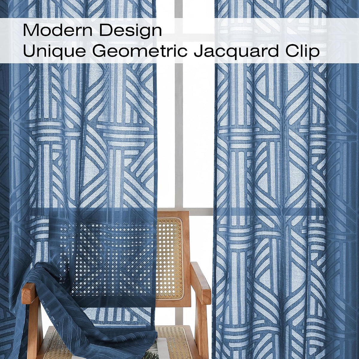 Simplebrand Dusty Blue Semi Sheer Curtains 45 Inch Length 2 Panels, Geometric Jacquard Clip Textured Short Sheer Curtains for Bedroom，Modern Elegant Window Curtains Drapes/Treatment Sheer，42x45 inch