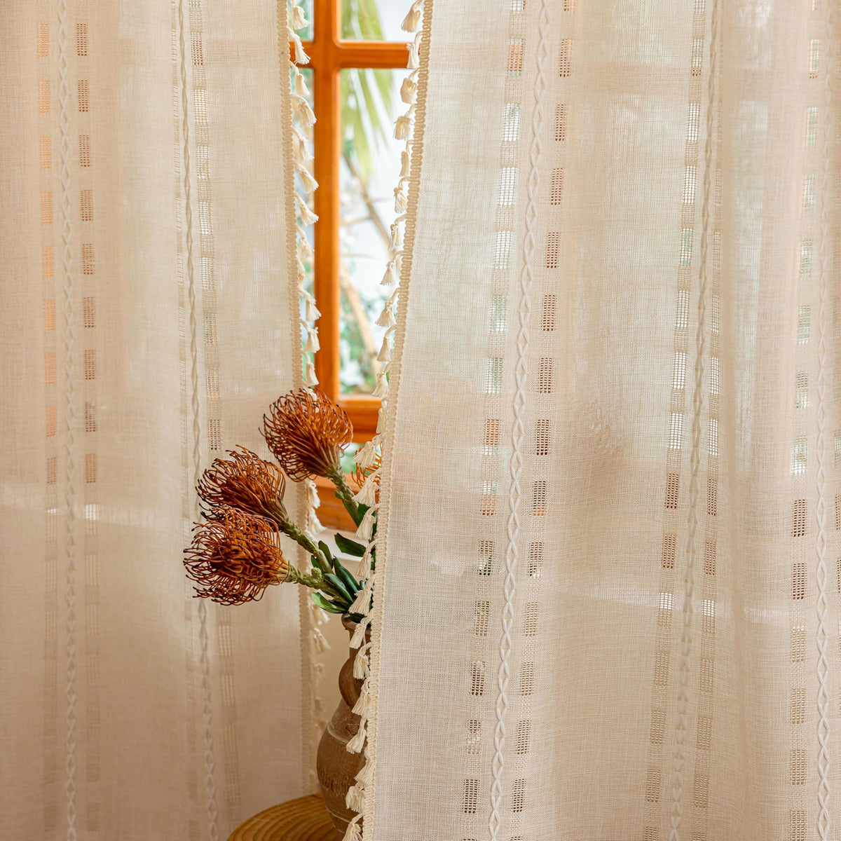 Boho Sheer Sage Green Curtains 84 inches Long 2 Panels for Living Room Bedroom,Farmhouse, Bohemian Tassels Country Light Filtering Xmas Curtains Shabby Chic Embroidery Striped Draps Back Tab, 50" W