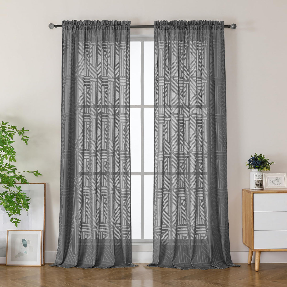 Simplebrand Dusty Blue Semi Sheer Curtains 45 Inch Length 2 Panels, Geometric Jacquard Clip Textured Short Sheer Curtains for Bedroom，Modern Elegant Window Curtains Drapes/Treatment Sheer，42x45 inch