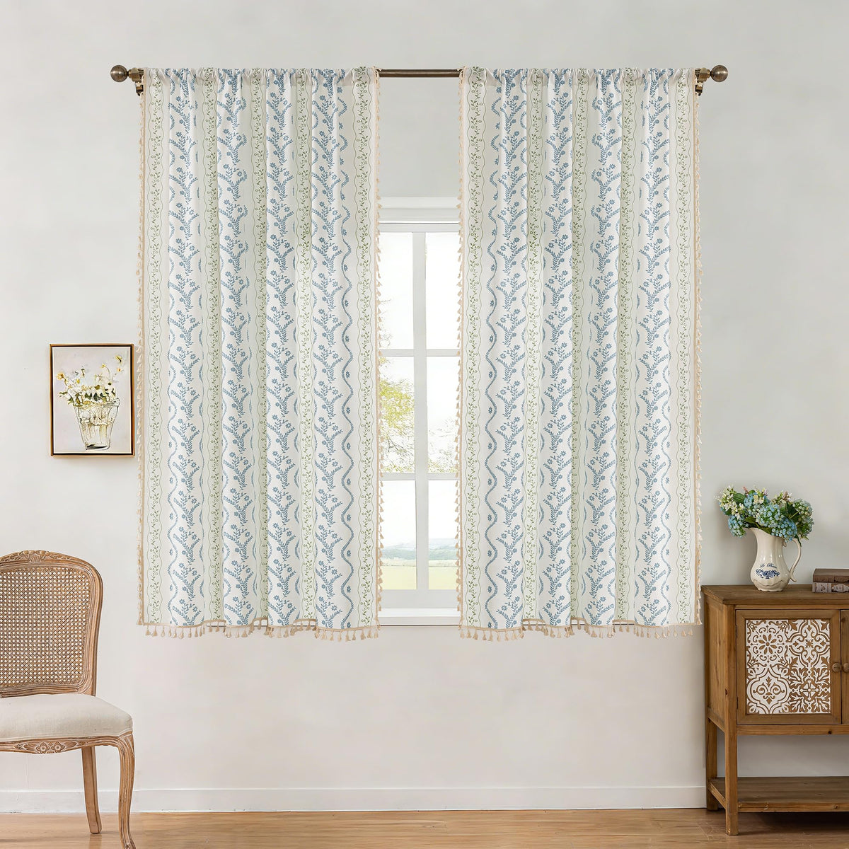 Navy Blue Boho Curtains 72 Inch Long for Living Room, Bedroom, 2 Panels Floral Farmhouse Vintage Tassel Semi Sheer Light Filtering Privacy Window Curtain Drapes with Rod Pocket, Navy Blue