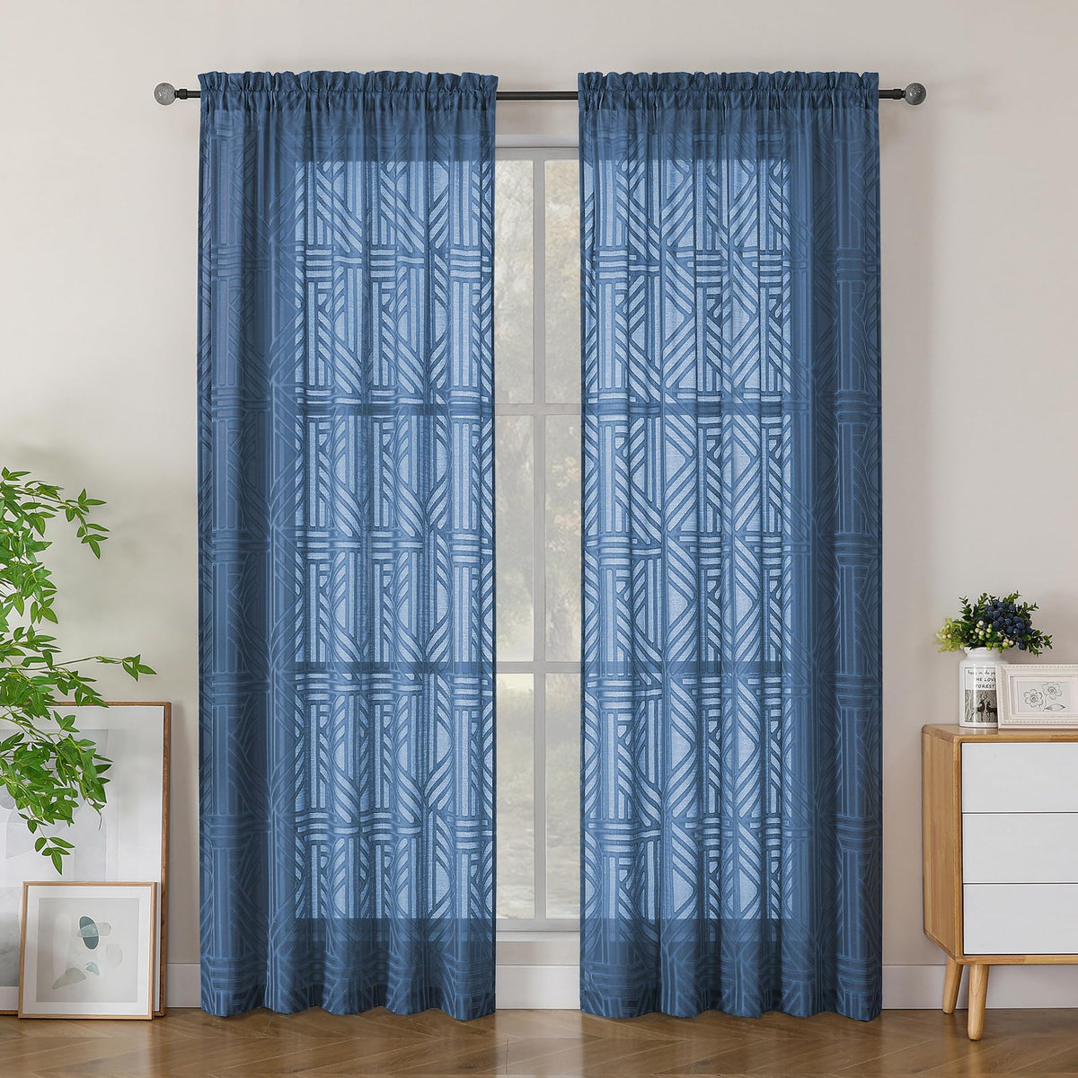 Simplebrand Dusty Blue Semi Sheer Curtains 45 Inch Length 2 Panels, Geometric Jacquard Clip Textured Short Sheer Curtains for Bedroom，Modern Elegant Window Curtains Drapes/Treatment Sheer，42x45 inch