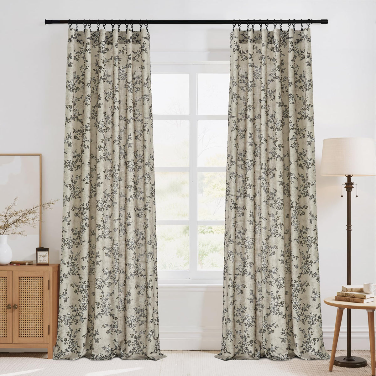 StangH Natural Linen Curtains Vintage Floral Print 108 Inch 2 Panels