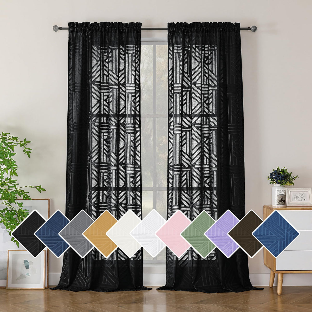 Simplebrand Dusty Blue Semi Sheer Curtains 45 Inch Length 2 Panels, Geometric Jacquard Clip Textured Short Sheer Curtains for Bedroom，Modern Elegant Window Curtains Drapes/Treatment Sheer，42x45 inch