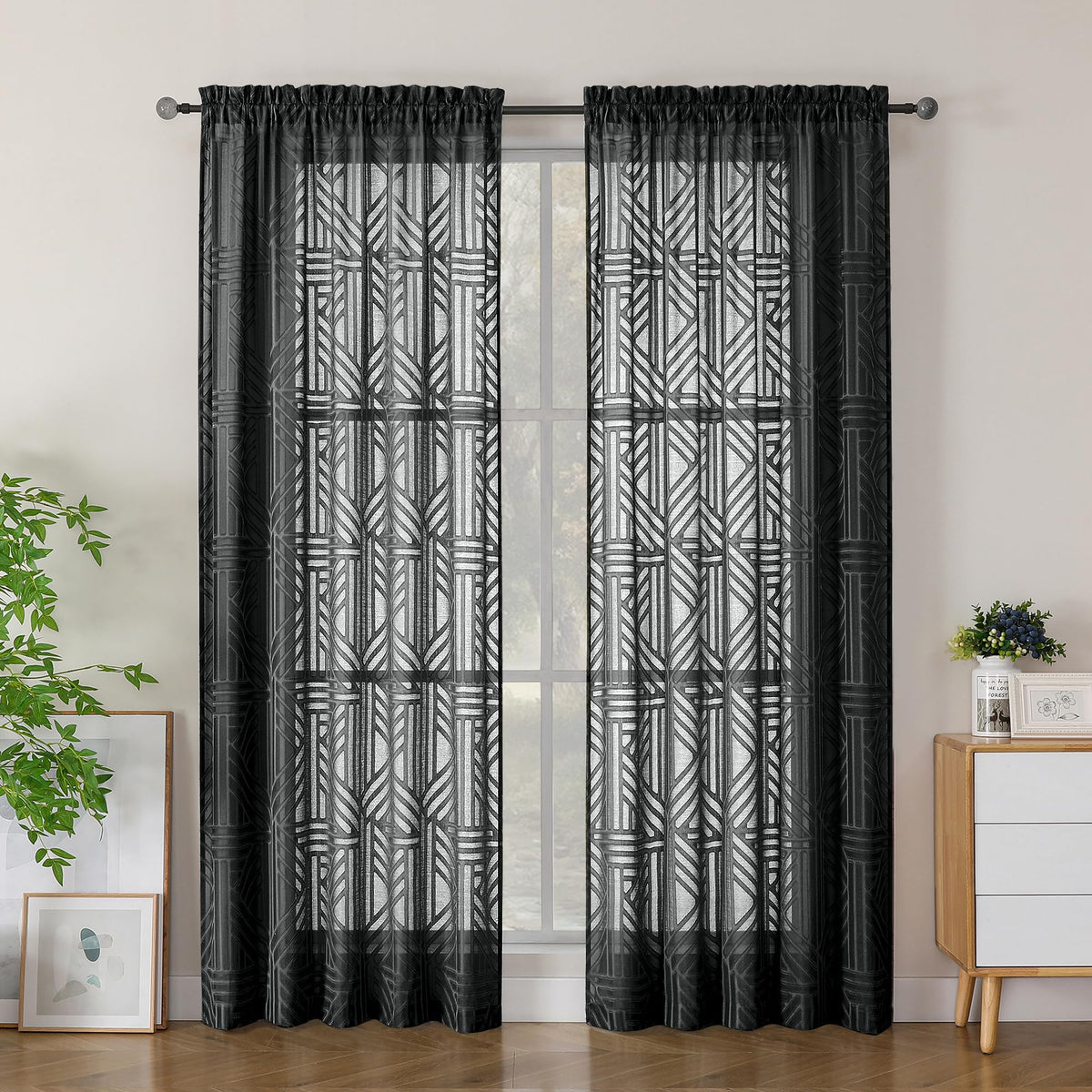 Simplebrand Dusty Blue Semi Sheer Curtains 45 Inch Length 2 Panels, Geometric Jacquard Clip Textured Short Sheer Curtains for Bedroom，Modern Elegant Window Curtains Drapes/Treatment Sheer，42x45 inch