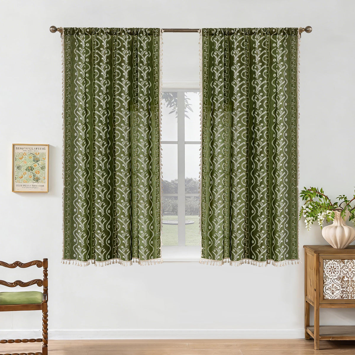 Navy Blue Boho Curtains 72 Inch Long for Living Room, Bedroom, 2 Panels Floral Farmhouse Vintage Tassel Semi Sheer Light Filtering Privacy Window Curtain Drapes with Rod Pocket, Navy Blue
