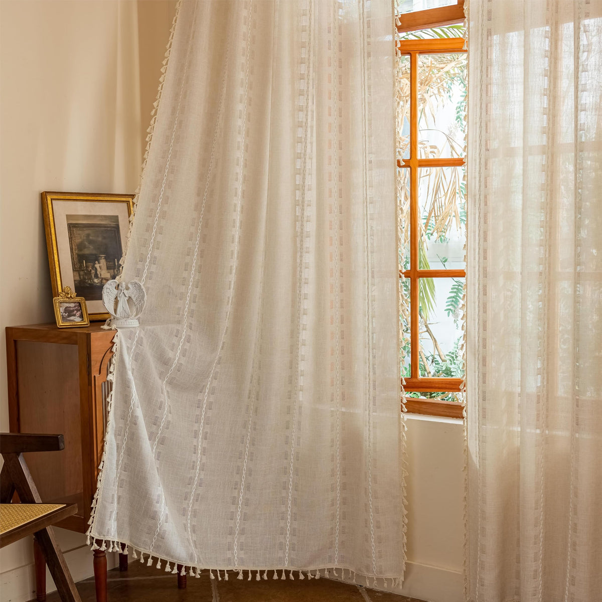 Boho Sheer Sage Green Curtains 84 inches Long 2 Panels for Living Room Bedroom,Farmhouse, Bohemian Tassels Country Light Filtering Xmas Curtains Shabby Chic Embroidery Striped Draps Back Tab, 50" W
