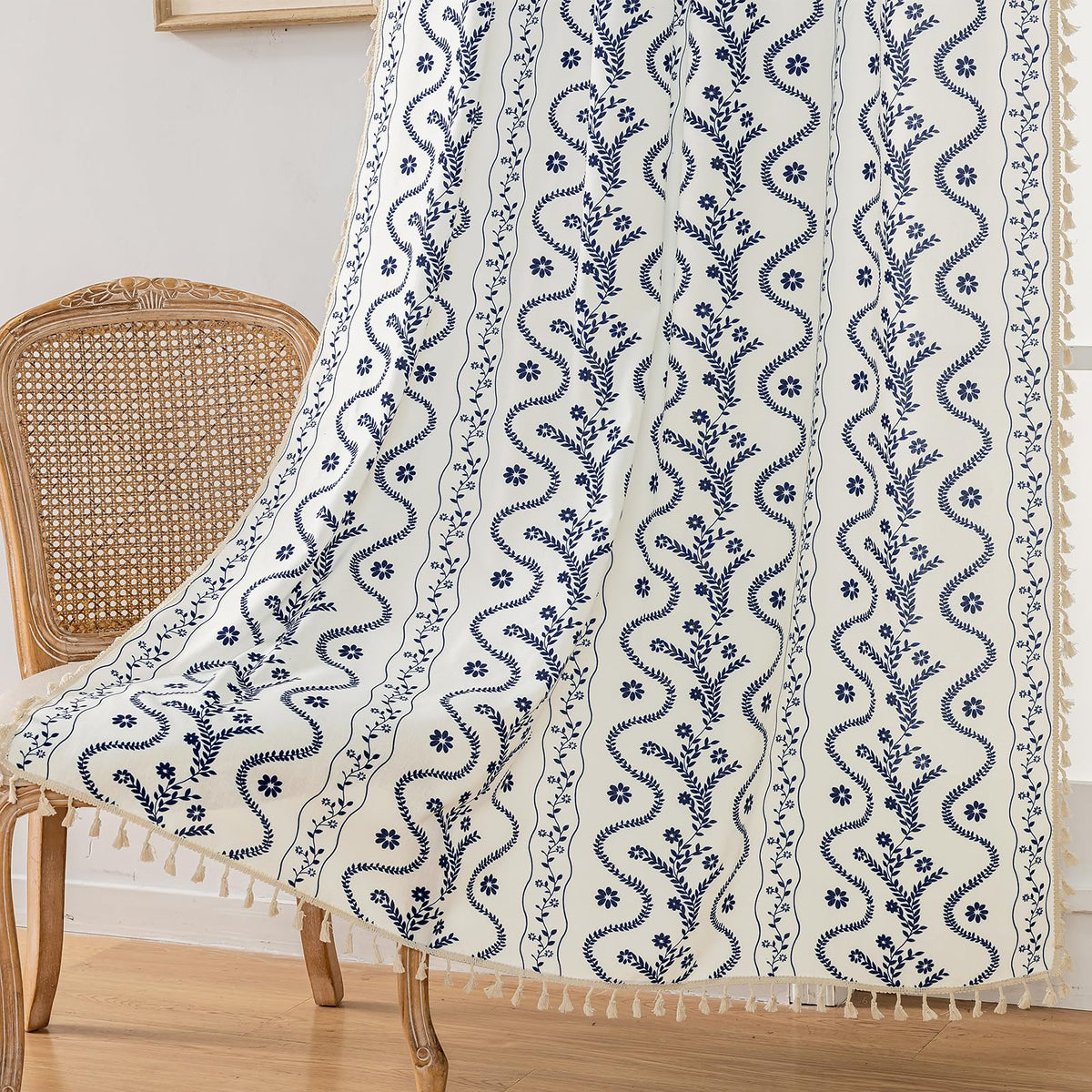 Navy Blue Boho Curtains 72 Inch Long for Living Room, Bedroom, 2 Panels Floral Farmhouse Vintage Tassel Semi Sheer Light Filtering Privacy Window Curtain Drapes with Rod Pocket, Navy Blue