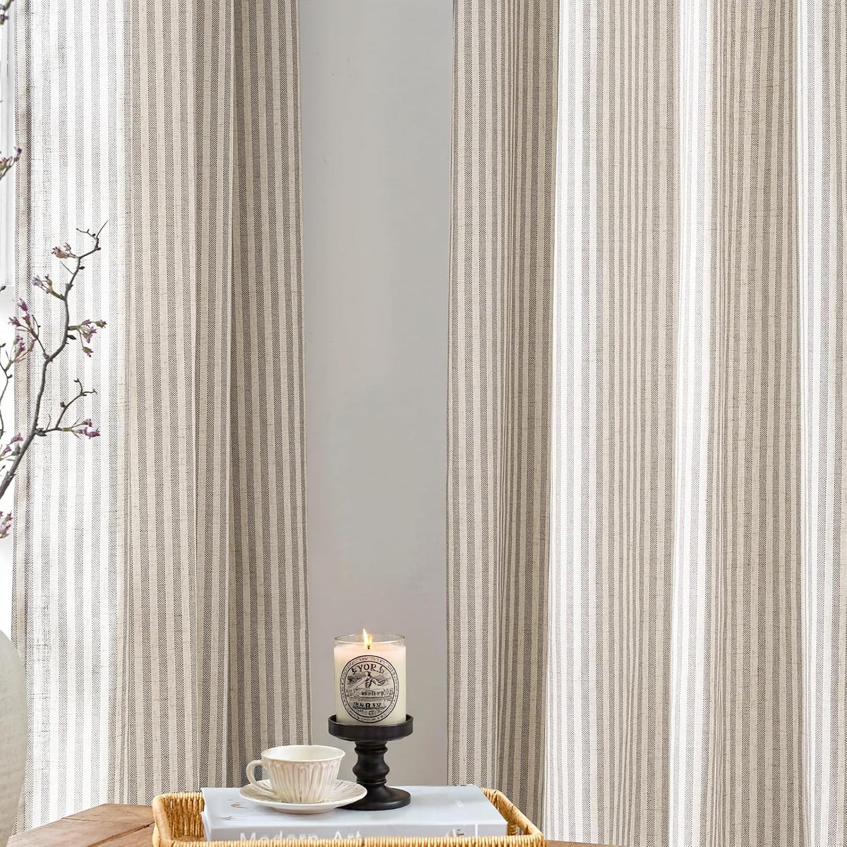 jinchan Linen Curtains 84 Inch Taupe Stripe on Linen Grommet 2 Panels
