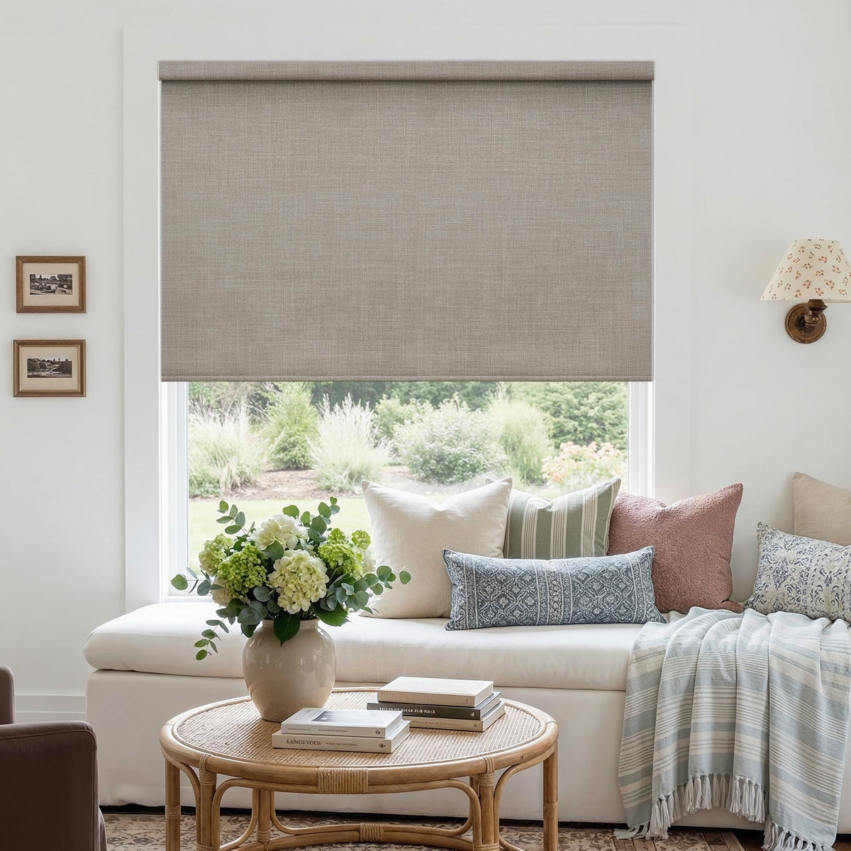 Blackout Roller Shades for Bedroom Window Cordless Free-Stop Blinds with Valance UV Protection 100% Black Out Linen Shades Blinds for Indoor Bathroom Windows Living Room Beige Oatmeal 34" W x 72" H