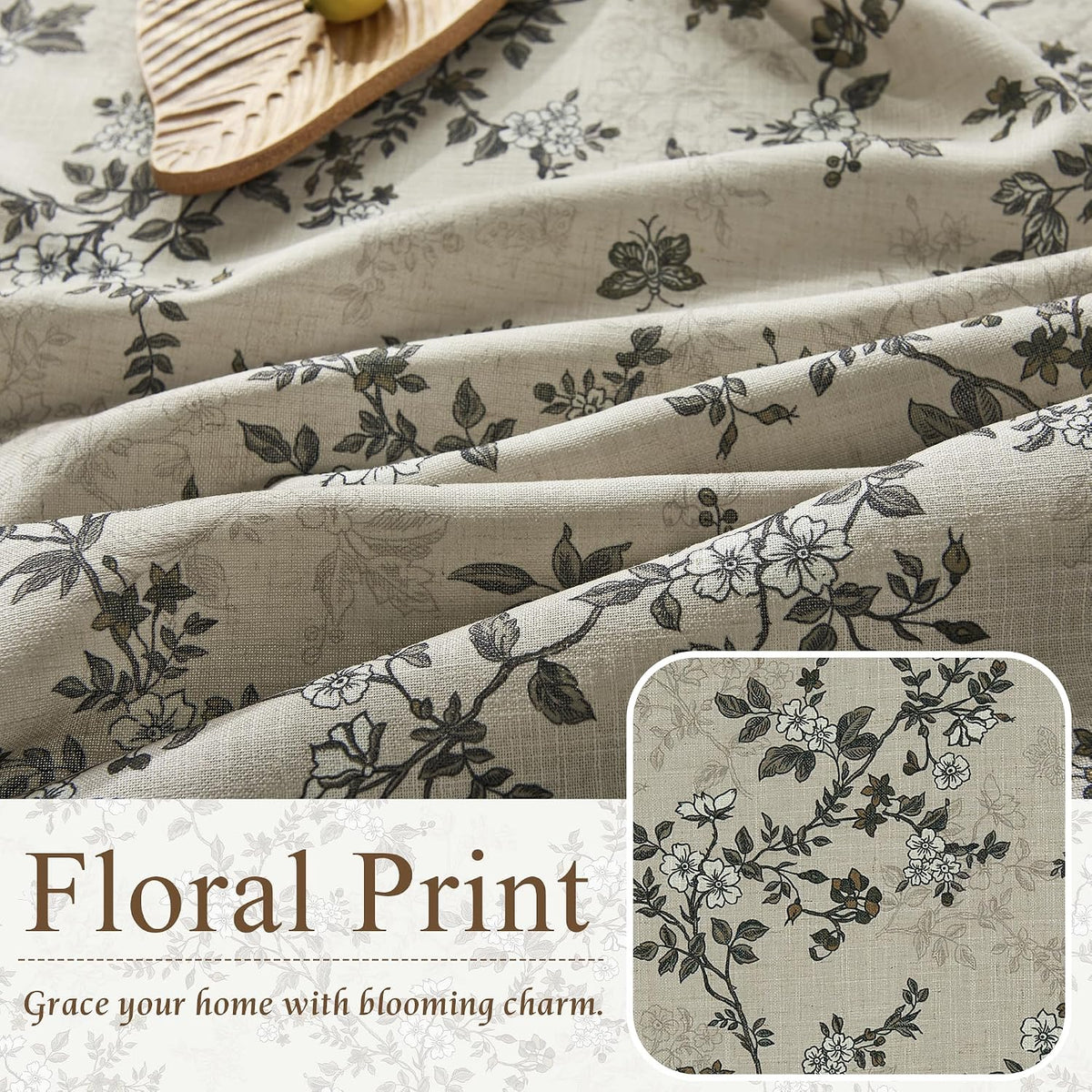 StangH Natural Linen Curtains Vintage Floral Print 108 Inch 2 Panels