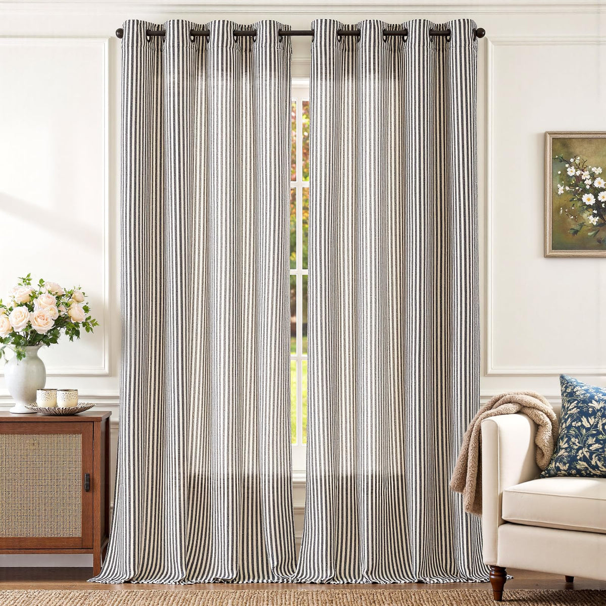 jinchan Linen Curtains 84 Inch Taupe Stripe on Linen Grommet 2 Panels